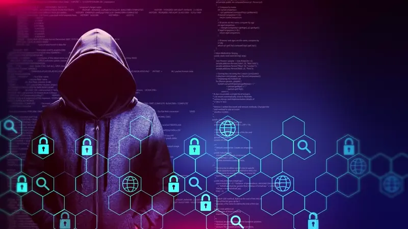 Silhouette eines Menschen im Kapuzenpullover vor einem Screen mit Daten. Vor ihm die Zeichnung eines verschlüsselten Netzwerkes.